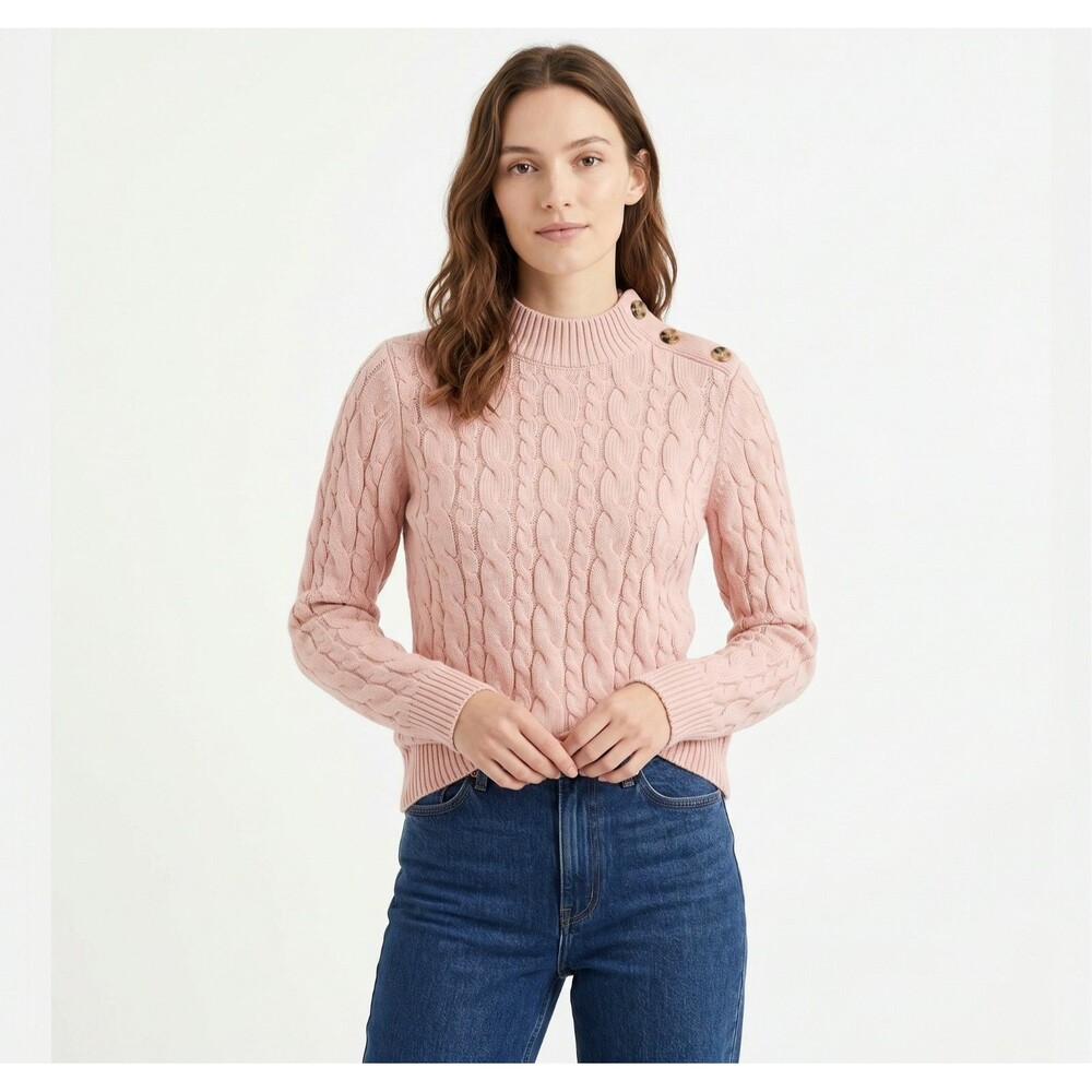 Lands' End Drifter Sweater Mock Neck Cable Knit Button Peach Pink Small (6-8)